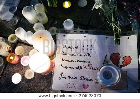 Strasbourg, France - Dec 13, 2018: Large Crowd Of People Mourners Gathered Near General Kleber Statu