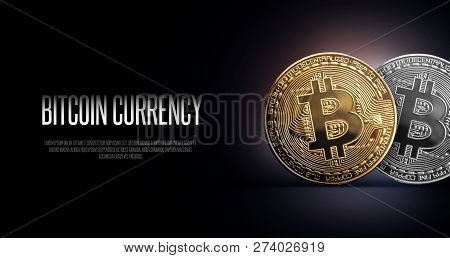 Bitcoin Banner Header. Gold And Silwer Coin. Cryptocurrency With Space For Your Own Text.