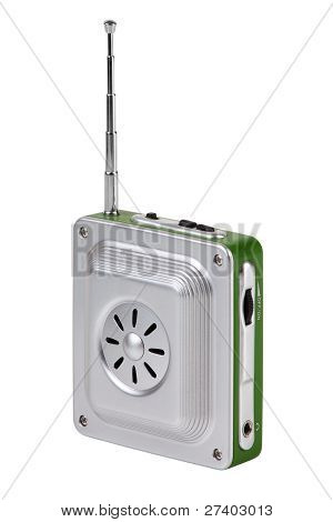 Pequeño bolsillo de Radio con una antena sobre un fondo blanco