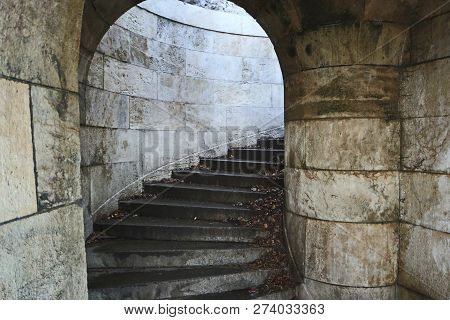 Spiral Go Upstairs, Old Castle . Thick Brick-stone Walls. Very Old Castle.