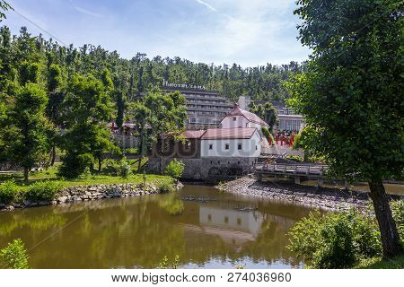 Postojna, Slovenia- June 30, 2015: Park Postojna Jama Near Postojna Cave, Famous Attraction In Slove
