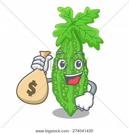 With Money Bag Bitter Melon Isolated On A Mascot