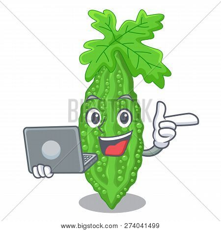 With Laptop Bitter Melon Isolated On A Mascot