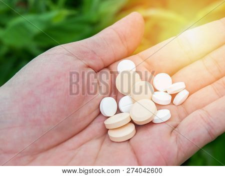 pills and medicines in the hand nature green leaf background / herb extract natural medicine pills - healthy eating with natural product herbal nourish the body