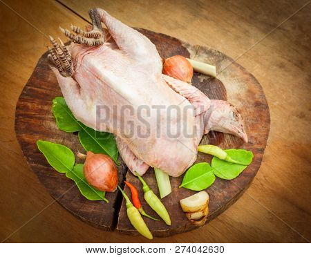 chicken on chopping board / raw chicken bantam on wooden chopping board and herb with lime leaf chilli galangal shallots for cooking spicy chicken soup