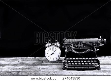 Antique Portable Typewritter And Alarm Clock Made In 1917 With Room For Your Type In Black And White