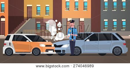 Crashed Car Road Accident Police Officer In Uniform Issuing Report Policeman Writing Legal Fine Docu