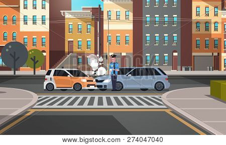 Crashed Car Road Accident Police Officer In Uniform Issuing Report Policeman Writing Legal Fine Docu