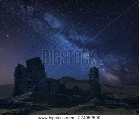 Stunning Vibrant Milky Way Composite Image Over Abandoned Foggintor Quarry In Dartmoor With Raking S