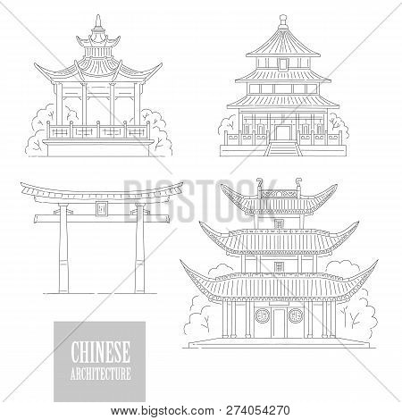 Vector Set Chinese Architectural Landmarks. Oriental Architecture Black White Line Art Gate Pagoda A