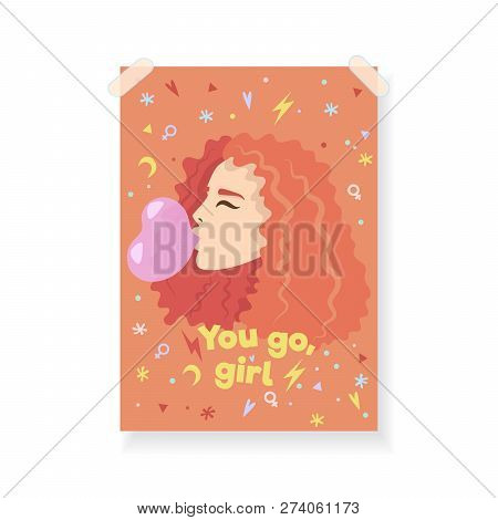 Redheaded Girl Blows A Heart-shaped Bubble With Gum. Greeting Card With Motivational Quote For Women
