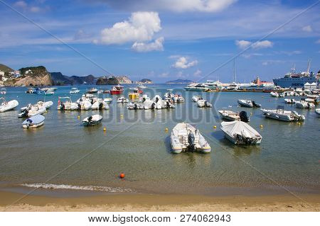 Ponza, Italy - September 16, 2018: Summer View Of Ponza Island Harbor In Lazio, Italy