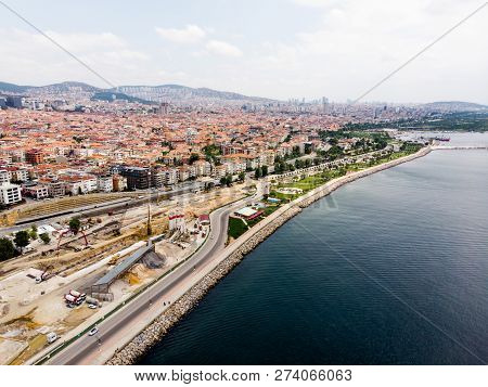 Aerial Drone View Of Bostanci / Istanbul Seaside. Cityscape