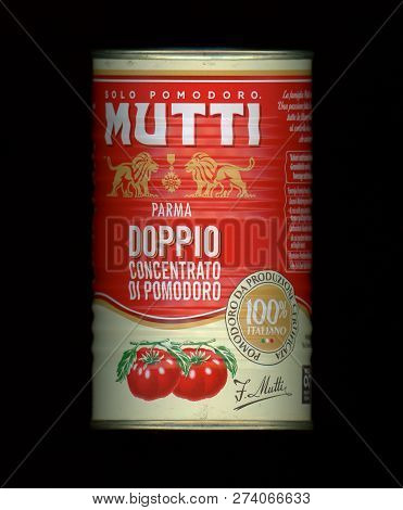 Parma, Italy - Circa December 2018: Tin Can Of Mutti Doppio Concentrato Di Pomodoro (meaning Tomato 