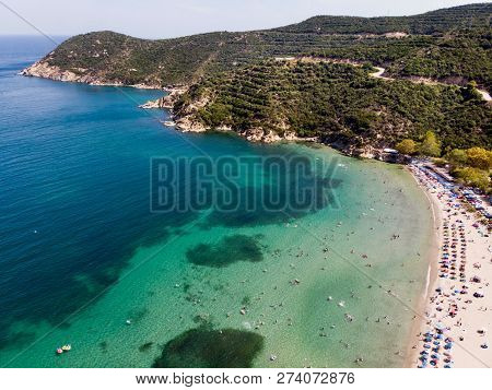 Aerial Drone View Of Beach Cove With People Swimming At Erdek Turankoy / Balikesir / Turkey