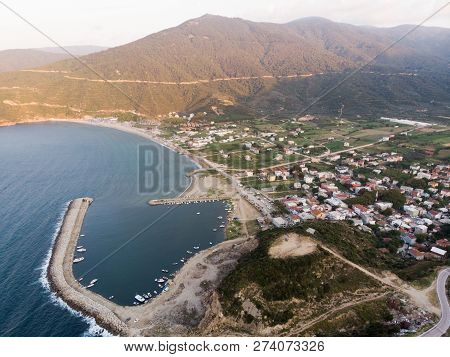 Aerial Drone View Of Marina Pier With Boats In Erdek Turankoy / Balikesir