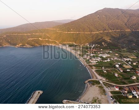 Aerial Drone View Of Beach Cove With People Swimming At Erdek Turankoy / Balikesir. Nature In The Ci