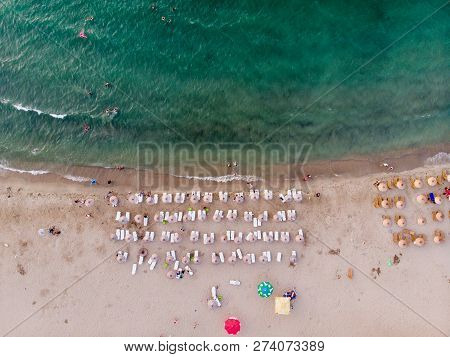 Aerial Drone View Of Beach Cove With People Swimming At Erdek Turankoy / Balikesir / Turkey. Nature 