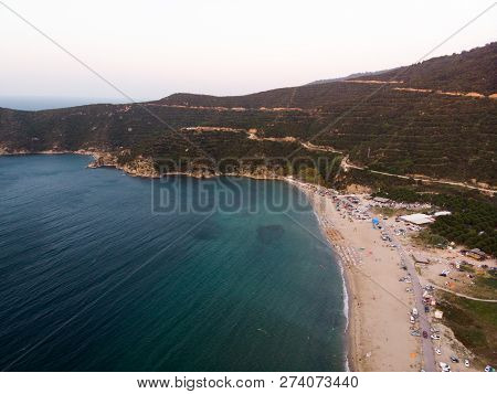 Aerial Drone View Of Beach Cove With People Swimming At Erdek Turankoy / Balikesir