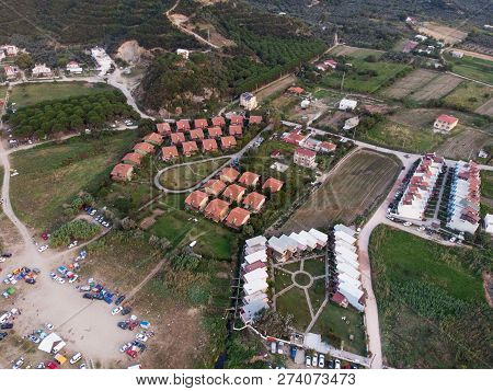 Aerial Drone View Of Buildings, Trees At Erdek Turankoy / Balikesir Turkey. Nature In The City.