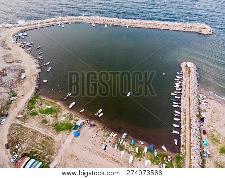 Aerial Drone View Of Marina Pier With Boats In Erdek Turankoy / Balikesir Dock