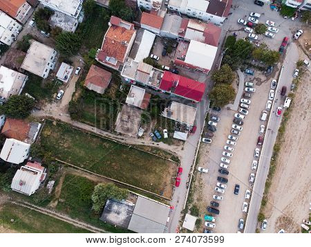 Aerial Drone View Of Buildings, Trees At Erdek Turankoy / Balikesir Turkey. Nature In The City.