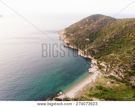 Aerial Drone View Of Beach Cove With People Swimming At Erdek Turankoy / Balikesir. Nature In The Ci