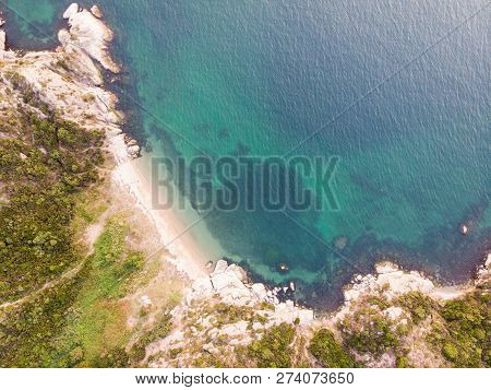 Aerial Drone View Of Beach Cove With People Swimming At Erdek Turankoy / Balikesir. Nature In The Ci
