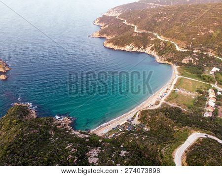 Aerial Drone View Of Beach Cove With People Swimming At Erdek Turankoy / Balikesir. Nature In The Ci