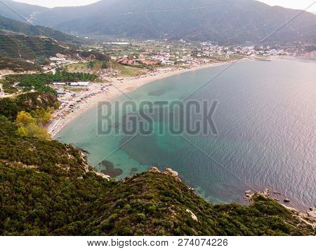 Aerial Drone View Of Beach Cove With People Swimming At Erdek Turankoy / Balikesir