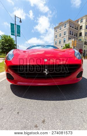 San Antonio, Tx - April 2, 2018 - Low Angle Close Up Front View Of Red Ferrari Berlinetta F12 Parked