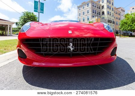 San Antonio, Tx - April 2, 2018 - Low Angle Close Up Front View Of Red Ferrari Berlinetta F12 Parked