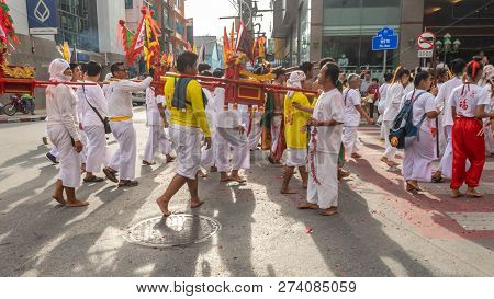 Hatyai, Songkhla, Thailand - Oct. 13, 2018 : People Celebrate A Vegetarian Festival During The Festi