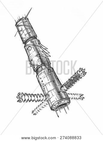 Black And White Ink Concept Art Drawing Of Futuristic Or Sci-fi Spacestation Or Space Station.