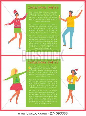 Christmas Party Posters With People And Text Sample. Man With Glass Of Champagne, Woman With Splashe