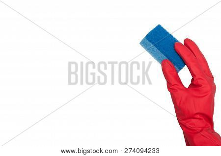 Woman In Red Gloves Holding Sponge On White Background. Cleaning Service. The Concept Of Cleanliness