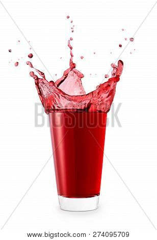 Red Juice Or Berry Compote With Splashes In Glass Isolated On White Background