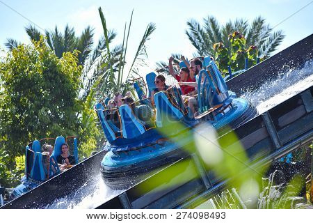 Orlando, Florida. October 19, 2018. Excited Child Enjoying Amazing Infinity Falls At Seaworld Marine