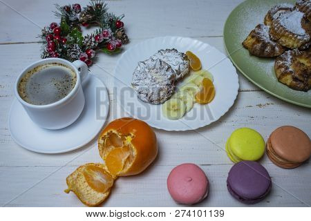 A Raspberries Dessert With Coffee And Cream And Hot Chocolate Stands On A White Table Outside. Lunch