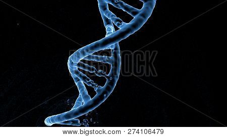 Decay Of The Blue Dna Molecule Isolate On A Black Background. The Decomposition Of The Particles , T