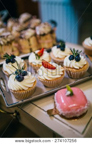 Candy Bar With Balls, Macaroon On Candy Bar, Candy Bar On Holiday, Candy Bar At The Wedding. Dessert