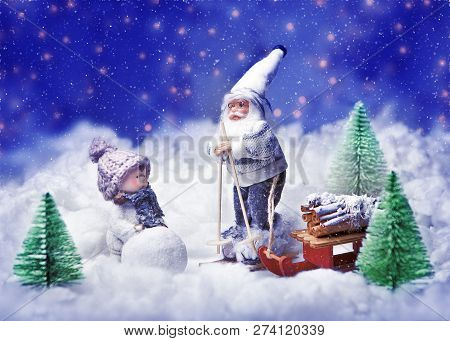 Granddaddy And Granddaughter. Winter Fairy Story With Dolls.