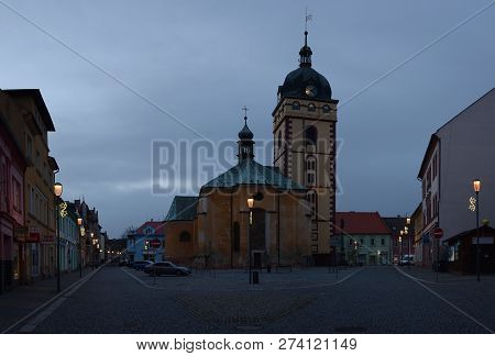 Jirkov, Czech Republic - December 08, 2018: Kostel Svateho Jilji Church In Historical Centre Of Jirk