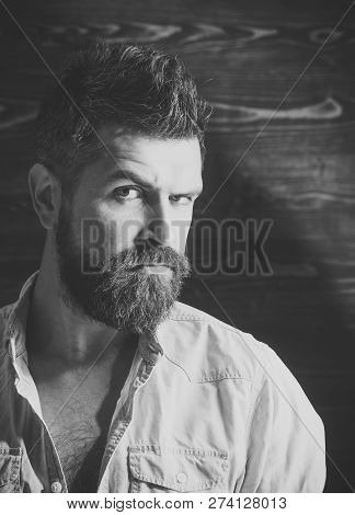 Barber And Hairdresser Salon. Man With Beard And Mustache On Wooden Background. Haircut Of Bearded M