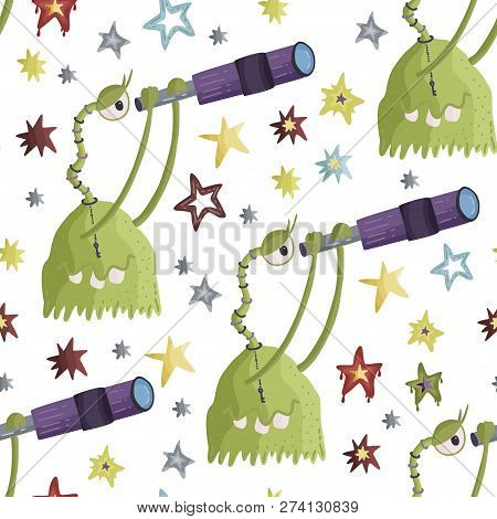 Cute Cartoon Vector Seamless Pattern With Cute Green Monsters Looking Into A Telescope In A Flat Sty