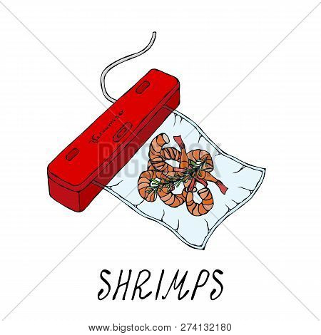 Vacuumizer Food Sealer. What Is Sous-vide. Slow Cooking Technology. Vacuum Packed Shrimps Sea Food. 