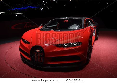 GENEVA, SWITZERLAND - MARCH 17, 2018: Bugatti Chiron Superfast sports car presented at the 88th Gene