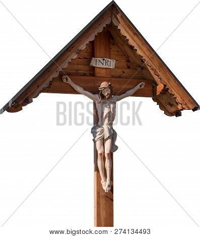 Jesus On The Cross Isolated On White Background. Crucifiction. Wooden Crucifix With Effigy Of Christ