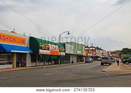 Nogales, Arizona, Usa - May 1, 2018:  Downtown Street With Businesses In Nogales, Arizona, Usa With 