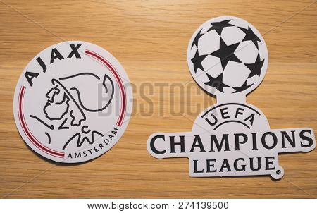 15 December 2018. Nyon Switzerland. The Logo Of The Football Club Ajax Amsterdam And Uefa Champions 